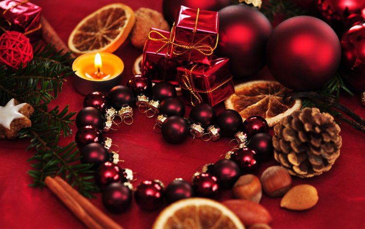 новый год, украшения, орехи, сердце, шарики, свеча, рождество, new year, decoration, nuts, heart, balls, candle, christmas