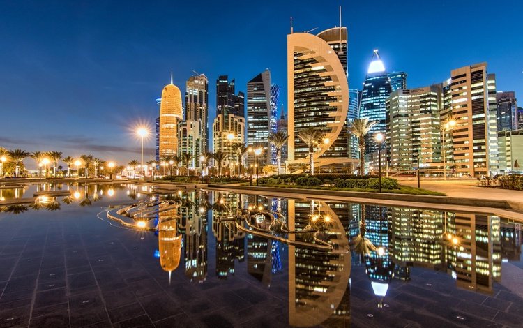 отражение, небоскребы, ночной город, здания, катар, доха, sheraton park, reflection, skyscrapers, night city, building, qatar, doha