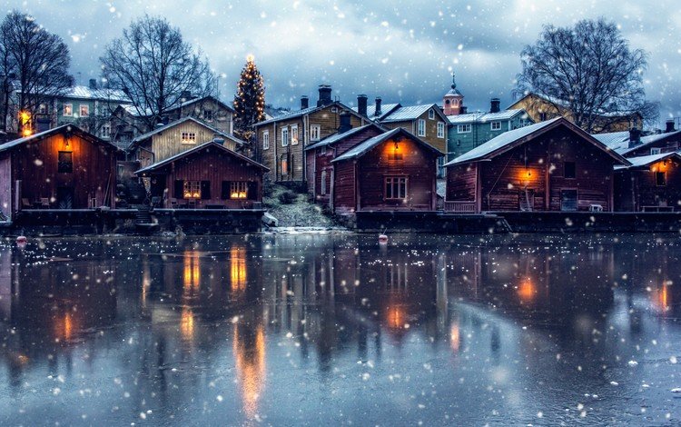 озеро, porvoo, снег, новый год, елка, зима, город, дома, финляндия, lake, snow, new year, tree, winter, the city, home, finland