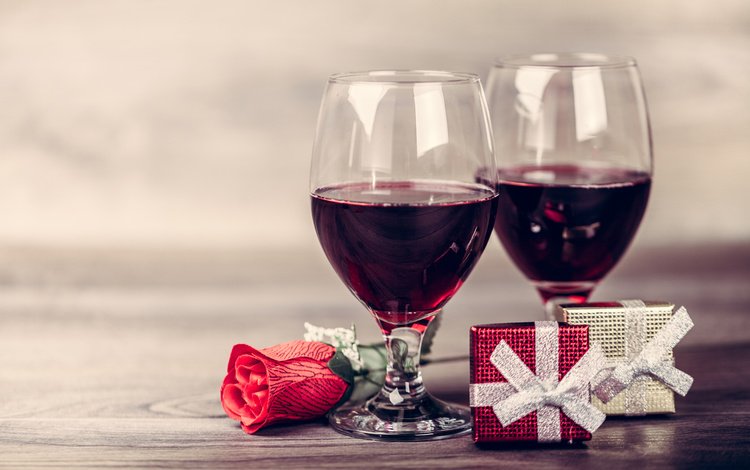 вино, бокалы, подарок, красная роза, валентинов день, wine, glasses, gift, red rose, valentine's day