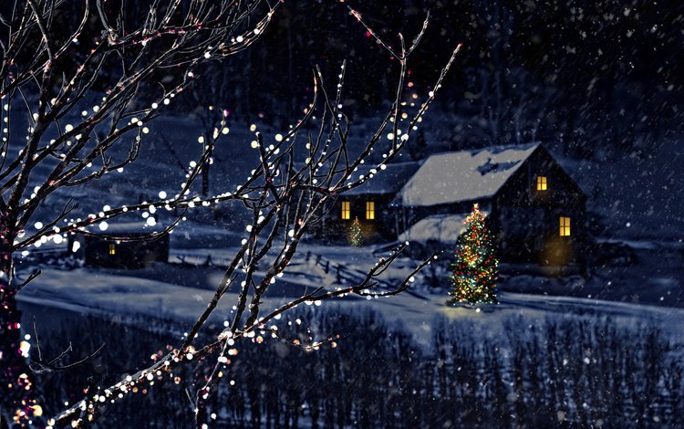 снег, рождество, природа, гирлянда, новый год, елка, зима, ветки, город, дома, snow, christmas, nature, garland, new year, tree, winter, branches, the city, home