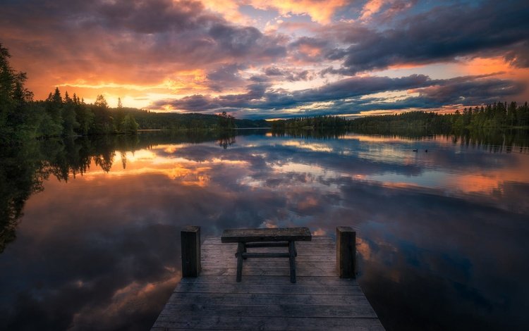 облака, cl, деревья, озеро, закат, отражение, пейзаж, причал, норвегия, clouds, trees, lake, sunset, reflection, landscape, pier, norway