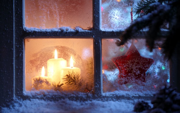 свечи, новый год, звезда, окно, рождество, снежинка, candles, new year, star, window, christmas, snowflake