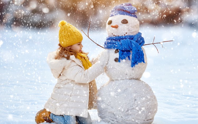 снег, новый год, зима, дети, девочка, снеговик, ребенок, рождество, snow, new year, winter, children, girl, snowman, child, christmas