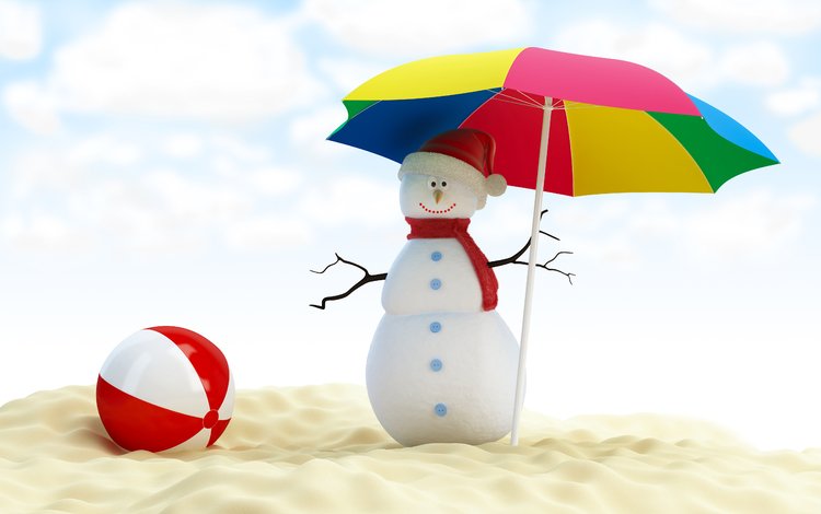 новый год, пляж, снеговик, зонтик, рождество, мяч, new year, beach, snowman, umbrella, christmas, the ball