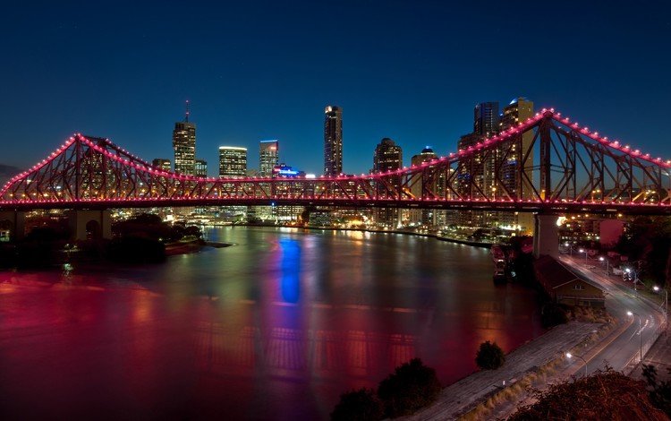 дорога, мост стори-бридж, огни, вечер, мост, город, австралия, высотки, брисбен, road, lights, the evening, bridge, the city, australia, skyscrapers, brisbane