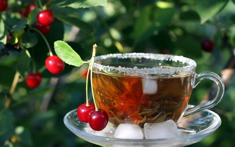 листья, напиток, ягода, лёд, вишня, чашка, чай, leaves, drink, berry, ice, cherry, cup, tea