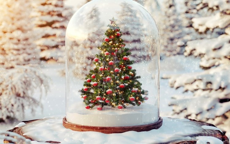 снег, дерево, новый год, елка, зима, шарики, праздники, рождество, пень, stump, snow, tree, new year, winter, balls, holidays, christmas