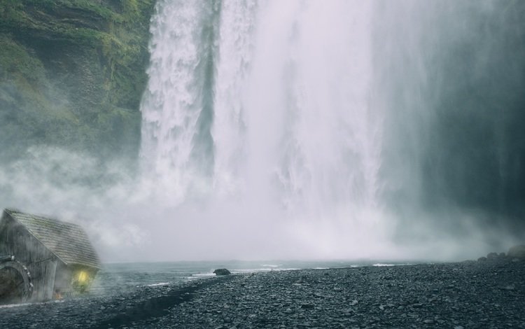 река, природа, водопад, исландия, хижина, скогафосс, водопад скоугафосс, river, nature, waterfall, iceland, hut, skogarfoss, skogafoss waterfall
