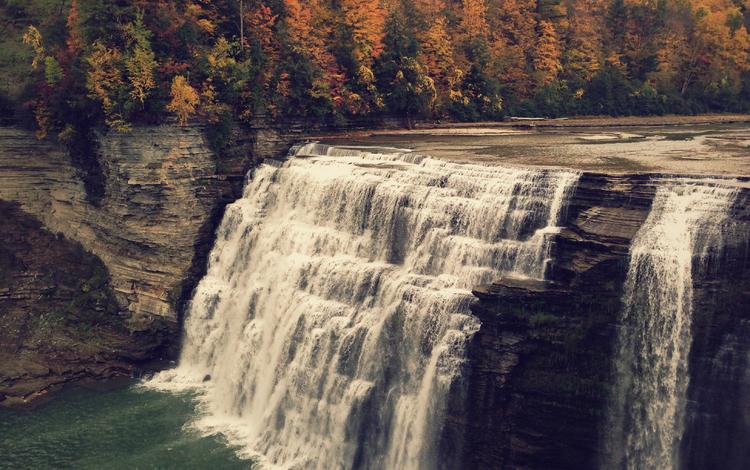 деревья, вода, скалы, водопад, осень, обрыв, каскад, trees, water, rocks, waterfall, autumn, open, cascade