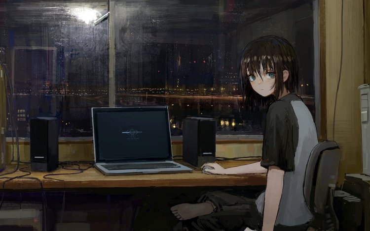 девушка, ноутбук, взгляд, стол, волосы, лицо, окно, компьютер, футболка, girl, laptop, look, table, hair, face, window, computer, t-shirt