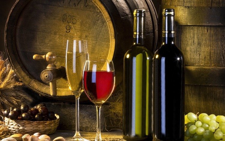 виноград, вино, белое, бокалы, бутылки, бочка, алкоголь, красное, grapes, wine, white, glasses, bottle, barrel, alcohol, red