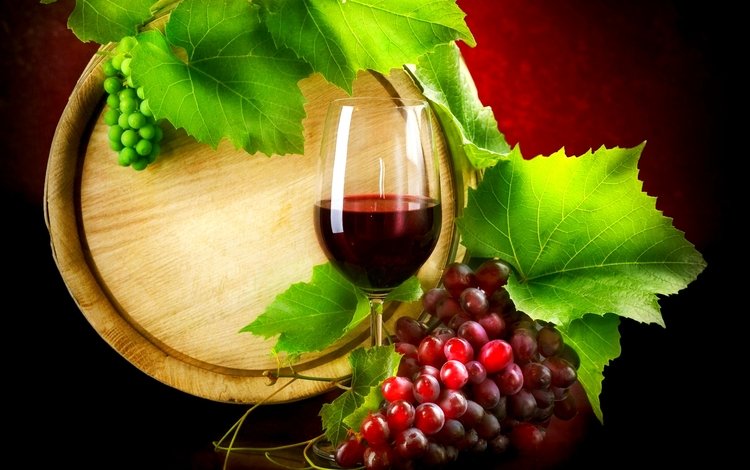 листья, виноград, бокал, вино, бочка, красное, leaves, grapes, glass, wine, barrel, red