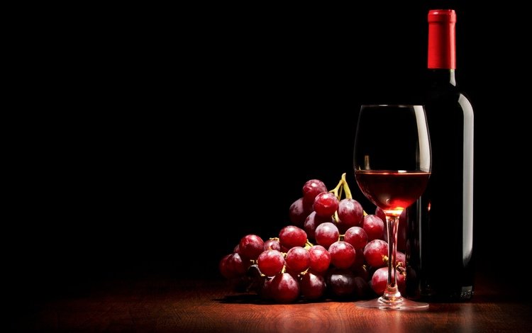 виноград, бокал, черный фон, вино, бутылка, красное, вино., grapes, glass, black background, wine, bottle, red, wine.