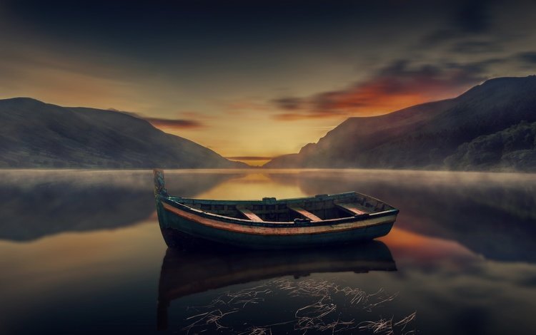 озеро, горы, природа, закат, лодка, lake, mountains, nature, sunset, boat