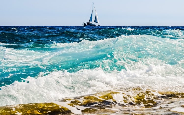 волны, море, горизонт, лодка, прибой, пена, паруса, wave, sea, horizon, boat, surf, foam, sails