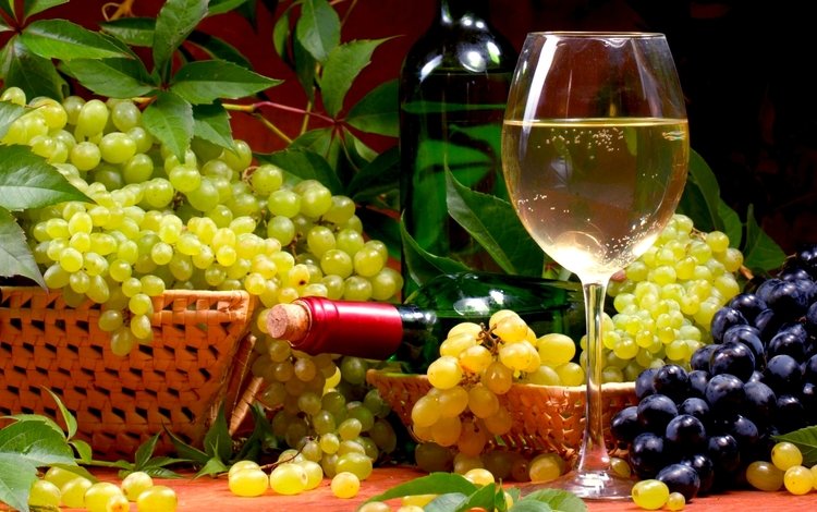 виноград, вино, бутылка, бокалы, алкоголь, натюрморт, grapes, wine, bottle, glasses, alcohol, still life
