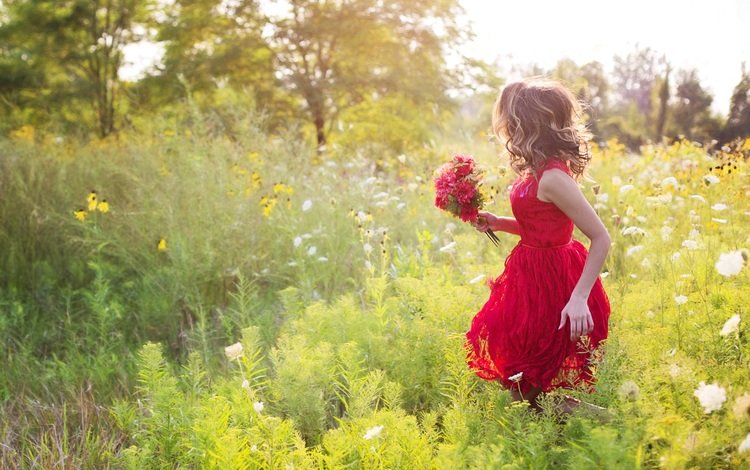 цветы, природа, девушка, луг, волосы, букет, красное платье, flowers, nature, girl, meadow, hair, bouquet, red dress