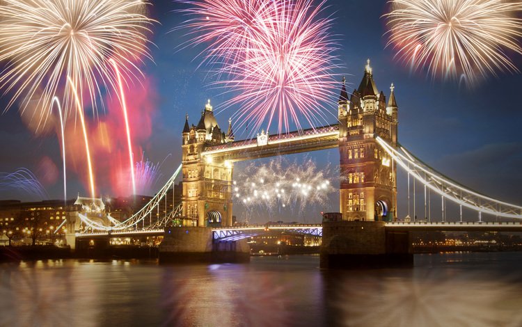 ночь, та́уэрский мост, огни, мост, лондон, город, англия, фейерверк, тауэрский мост, night, lights, bridge, london, the city, england, fireworks, tower bridge
