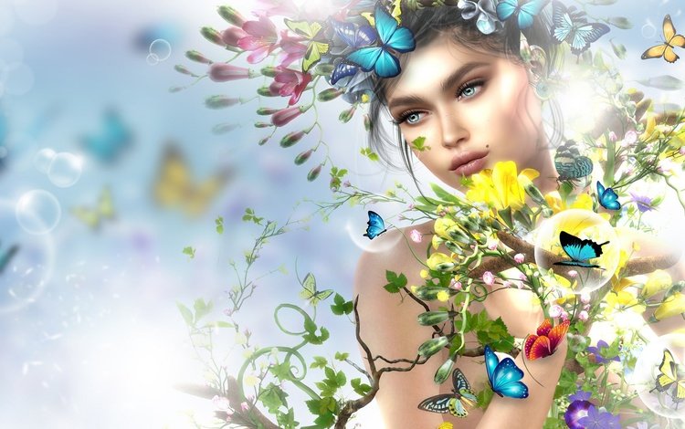 цветы, арт, девушка, взгляд, весна, лицо, бабочки, flowers, art, girl, look, spring, face, butterfly
