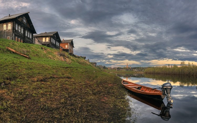 озеро, деревня, лодка, дома, архангельская область, кимжа, lake, village, boat, home, arkhangelsk oblast, kimzha