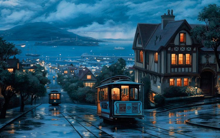 город, дождь, трамвай, the city, rain, tram