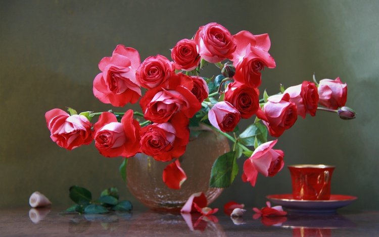 цветы, розы, лепестки, ракушки, букет, чашка, ваза, натюрморт, flowers, roses, petals, shell, bouquet, cup, vase, still life