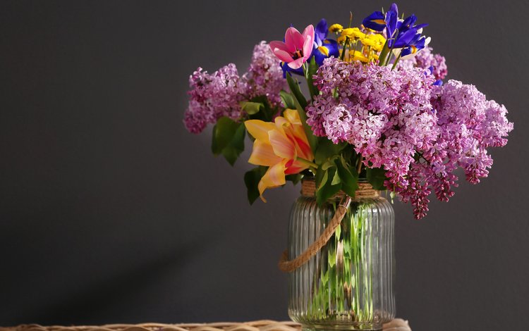цветы, ветки, тюльпаны, ваза, сирень, банка, ирисы, flowers, branches, tulips, vase, lilac, bank, irises