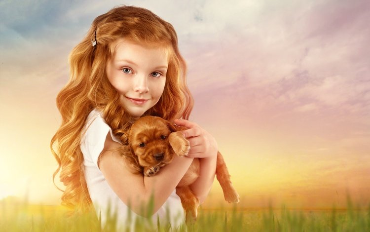фон, ребенок, взгляд, собака, рыжая, девочка, щенок, волосы, лицо, background, child, look, dog, red, girl, puppy, hair, face