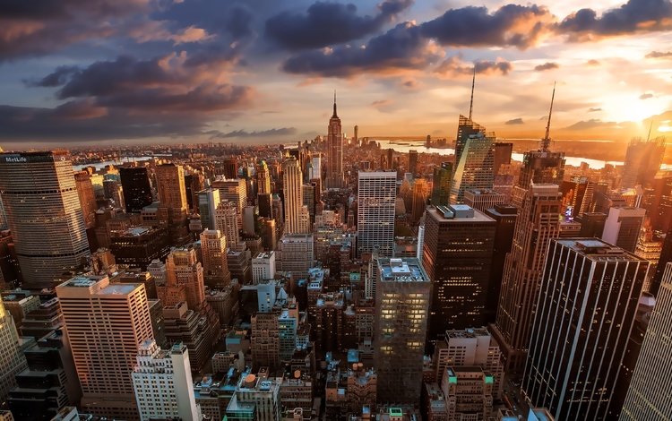 небо, нью-йорк, закат, здания, тучи, города, панорама, город, дома, сша, the sky, new york, sunset, building, clouds, city, panorama, the city, home, usa