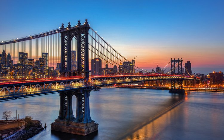 ночь, огни, река, мост, город, сша, нью-йорк, манхэттенский мост, night, lights, river, bridge, the city, usa, new york, manhattan bridge