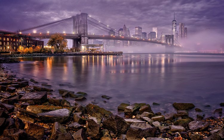 ночь, набережная, огни, сша, река, нью-йорк, туман, манхэттен, мост, 123, город, залив, дома, night, promenade, lights, usa, river, new york, fog, manhattan, bridge, the city, bay, home