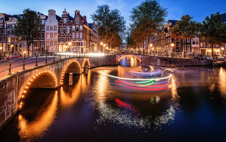 огни, амстердам, вечер, река, мост, город, дома, освещение, нидерланды, lights, amsterdam, the evening, river, bridge, the city, home, lighting, netherlands