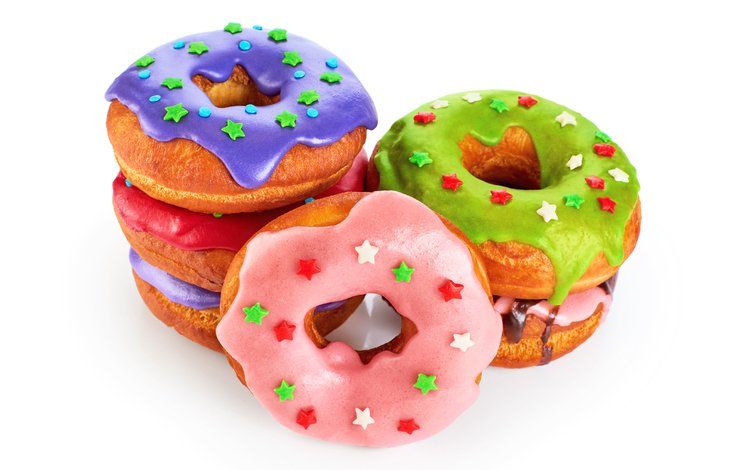 разноцветные, белый фон, сладкое, пончики, выпечка, десерт, глазурь, colorful, white background, sweet, donuts, cakes, dessert, glaze