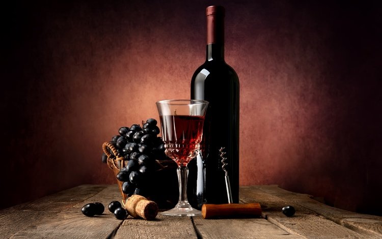 виноград, бокал, вино, бутылка, натюрморт, штопор, деревянная поверхность, grapes, glass, wine, bottle, still life, corkscrew, wooden surface