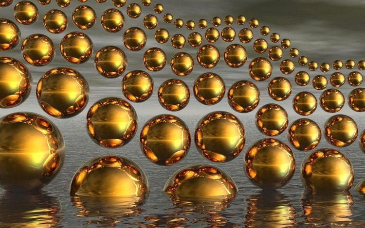 вода, шары, волны, отражение, фон, золотые, water, balls, wave, reflection, background, gold