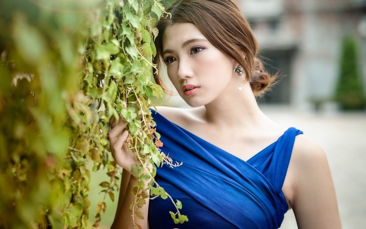 девушка, взгляд, модель, волосы, лицо, азиатка, синее платье, chingcho chang, girl, look, model, hair, face, asian, blue dress