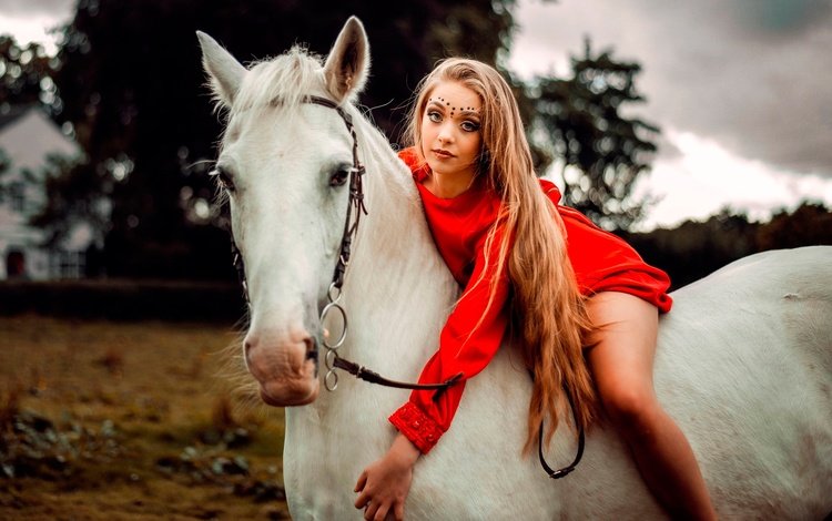 лошадь, наездница, девушка, carlos, платье, поза, макияж, прическа, конь, в красном, боке, bokeh, horse, rider, girl, dress, pose, makeup, hairstyle, in red