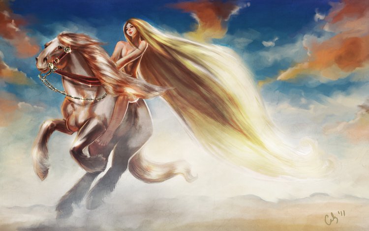 небо, длинные волосы, арт, lady godiva, облака, девушка, животное, конь, грива, скачет, the sky, long hair, art, clouds, girl, animal, horse, mane, jump