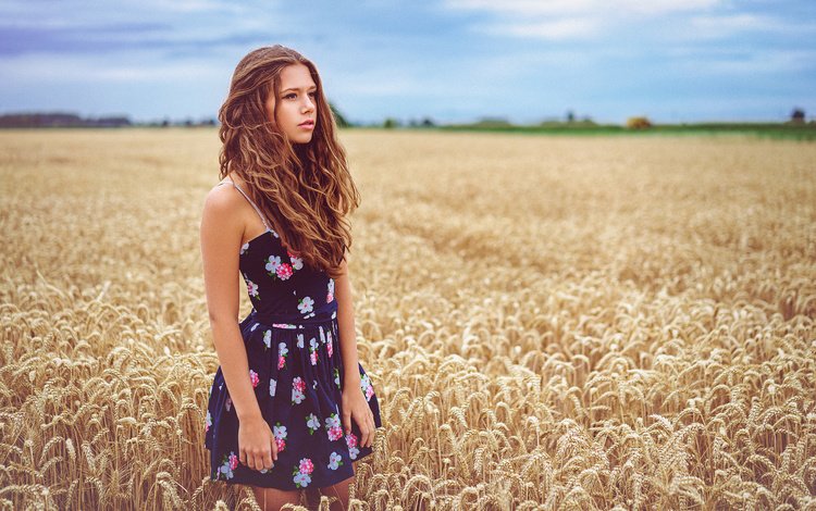 девушка, вьющиеся волосы, пейзаж, поле, взгляд, модель, пшеница, лицо, шатенка, girl, curly hair, landscape, field, look, model, wheat, face, brown hair