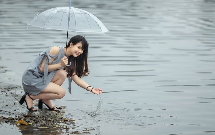 вода, девушка, улыбка, взгляд, волосы, зонт, лицо, азиатка, water, girl, smile, look, hair, umbrella, face, asian