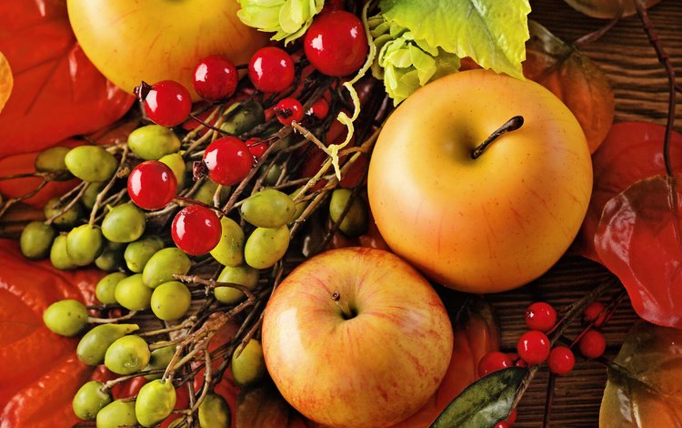 листья, яблоки, осень, лесные ягоды, урожай, плоды, натюрморт, leaves, apples, autumn, berries, harvest, fruit, still life