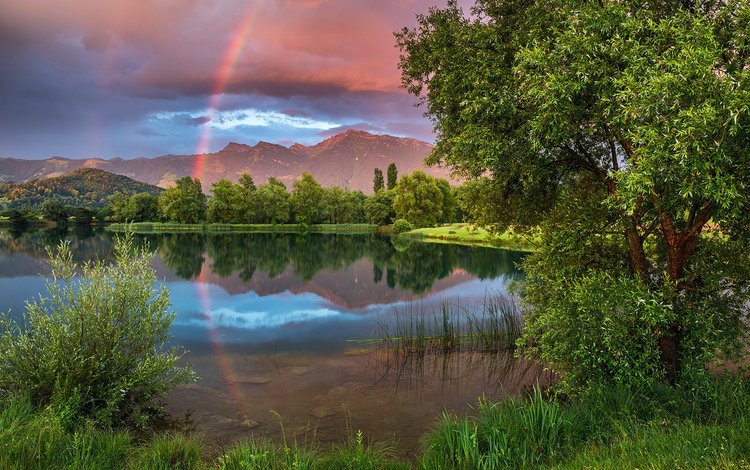 горы, природа, радуга, водоем, mountains, nature, rainbow, pond