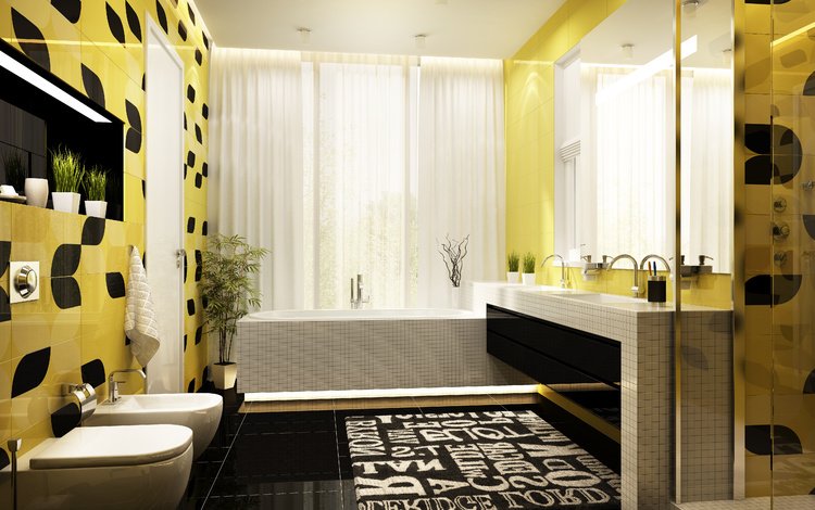 желтый, интерьер, дизайн, черный, ванна, ванная, yellow, interior, design, black, bath, bathroom
