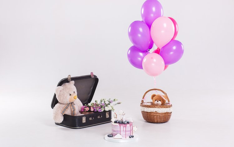 серый фон, букет, чемодан, торт, воздушные шарики, плюшевый медведь, grey background, bouquet, suitcase, cake, balloons, teddy bear