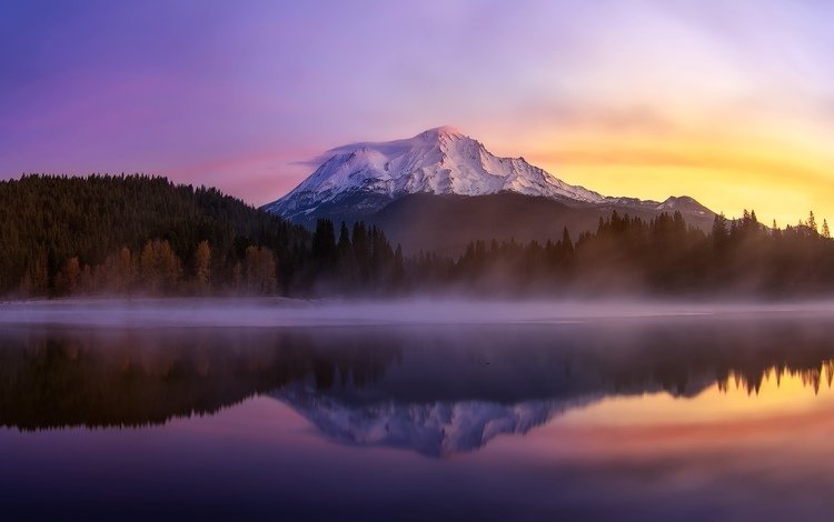 озеро, утро, туман, сша, калифорния, гора шаста, lake, morning, fog, usa, ca, mount shasta