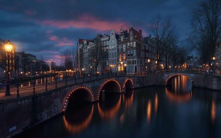 город, подсветка, амстердам, the city, backlight, amsterdam