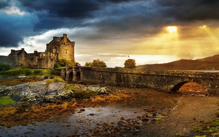 небо, шотландия, развалины, замок эйлен-донан, закат, мост, замок, великобритания, город, руины, the sky, scotland, the ruins, the eilean donan castle, sunset, bridge, castle, uk, the city, ruins
