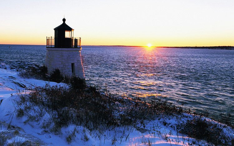 солнце, снег, берег, закат, зима, пейзаж, море, маяк, the sun, snow, shore, sunset, winter, landscape, sea, lighthouse