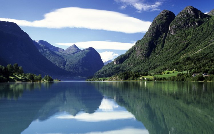 озеро, горы, природа, лес, дома, норвегия, стрюн, озеро oldenvatnet, lake, mountains, nature, forest, home, norway, stryn, lake oldenvatnet